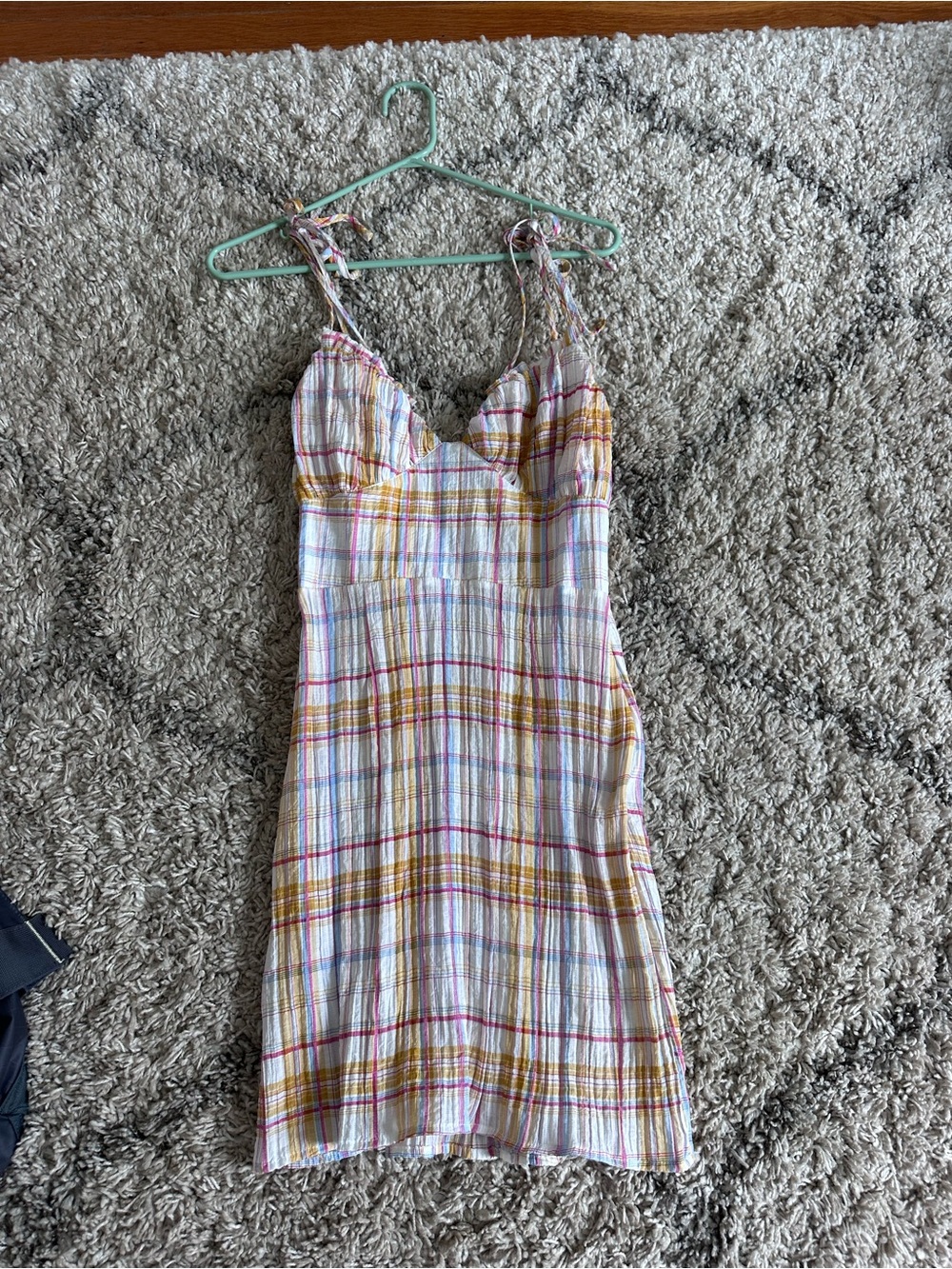 Nasty Gal White Plaid Tie-Shoulder Slip Dress with Pink & Yellow Stripes